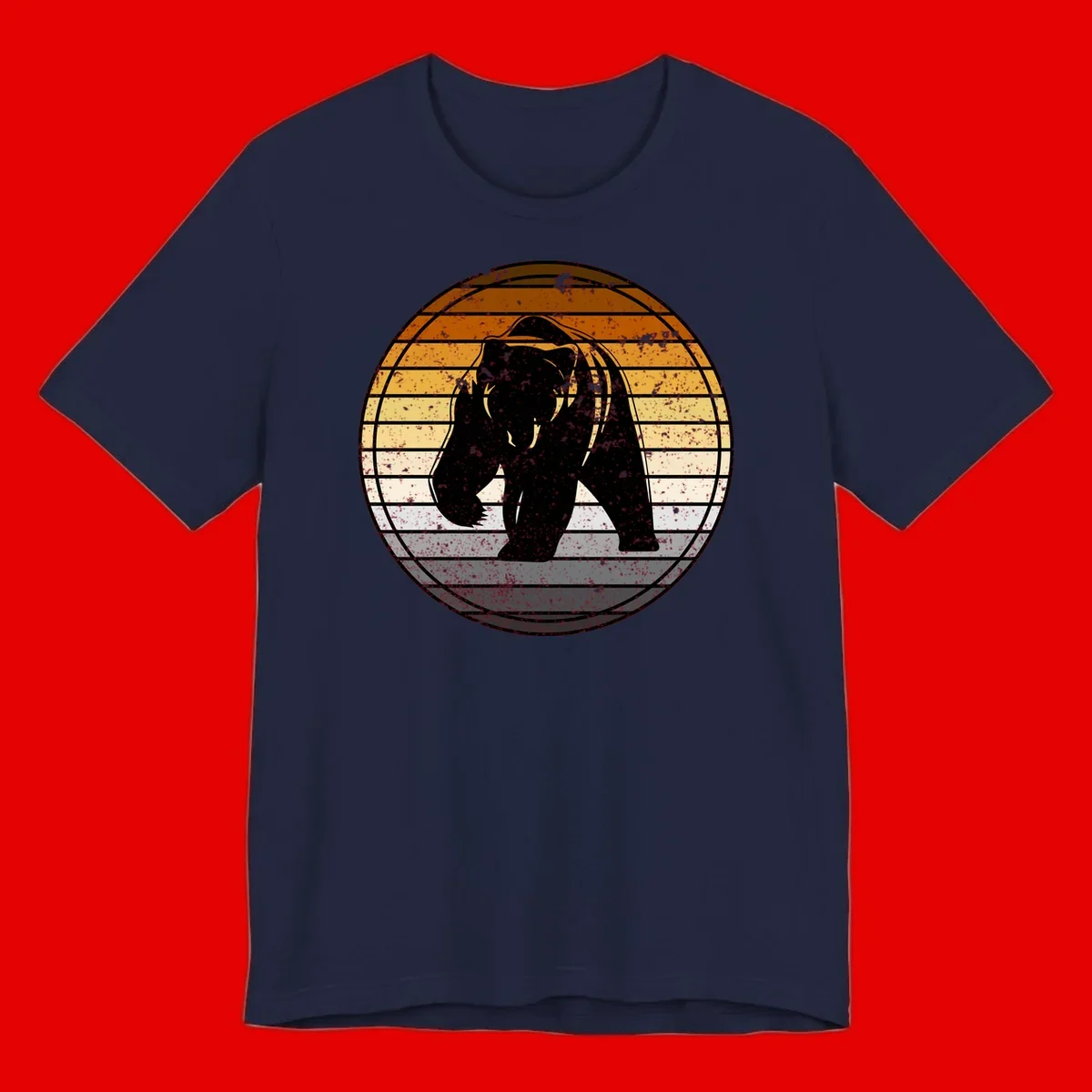 Retro bear sunset design with horizontal gradient stripes in orange, yellow, and cream tones on distressed background
