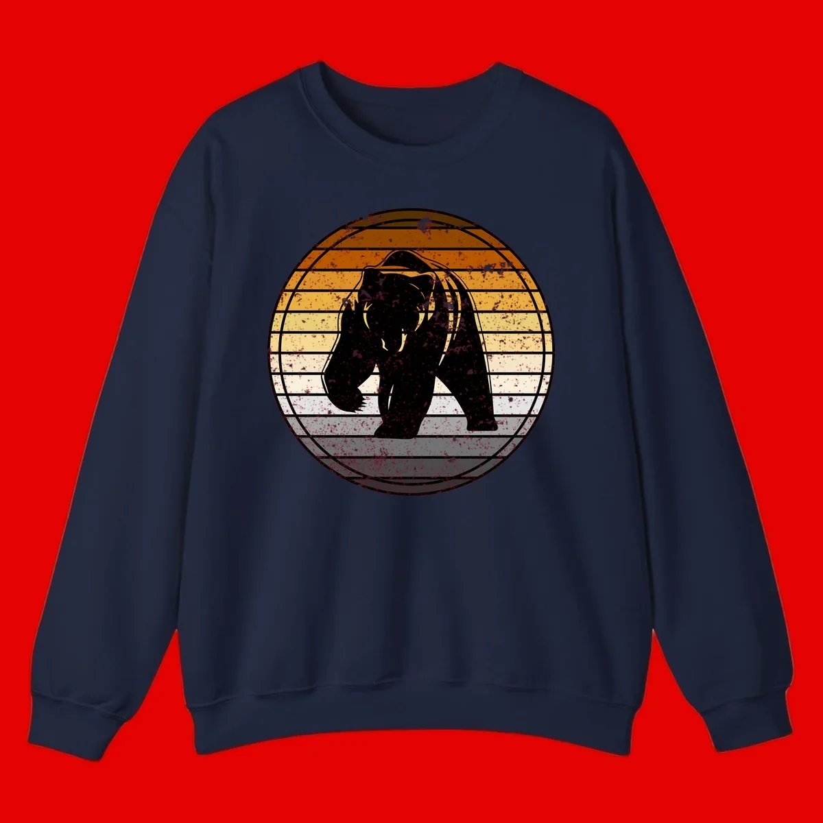 Retro bear sunset design with horizontal gradient stripes in orange, yellow, and cream tones on distressed background