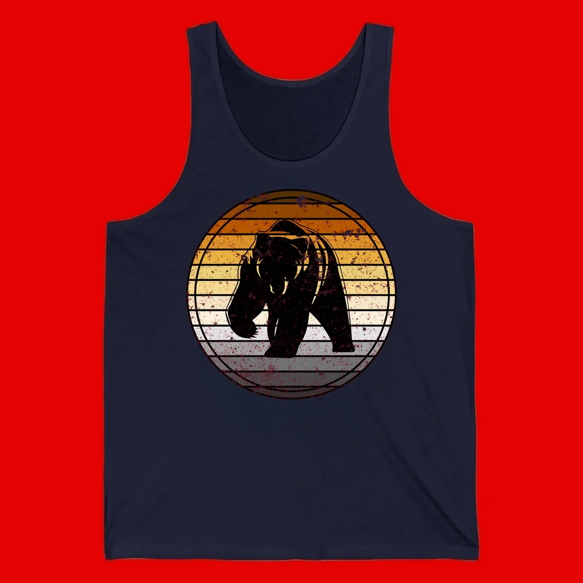 Retro bear sunset design with horizontal gradient stripes in orange, yellow, and cream tones on distressed background