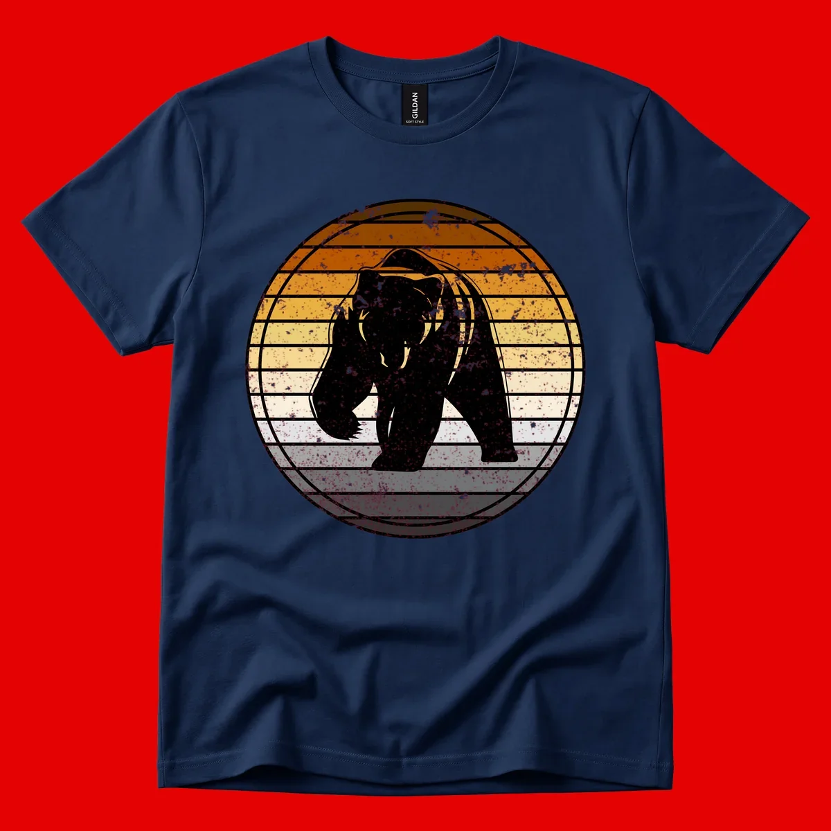 Retro bear sunset design with horizontal gradient stripes in orange, yellow, and cream tones on distressed background