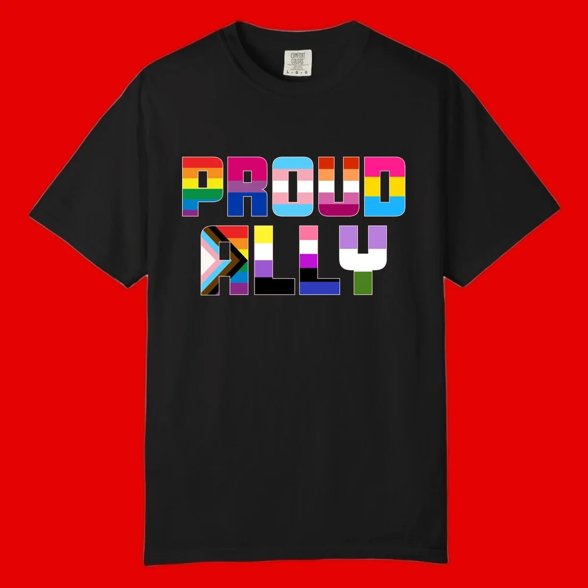 Colorful alphabet letters constructed from pride flags including rainbow, trans, and intersex designs on gray background