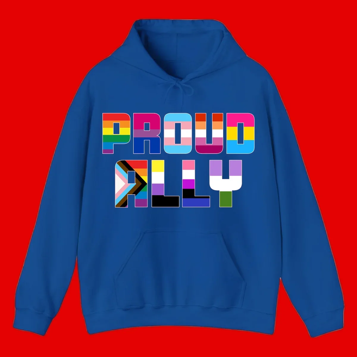 Colorful alphabet letters constructed from pride flags including rainbow, trans, and intersex designs on gray background