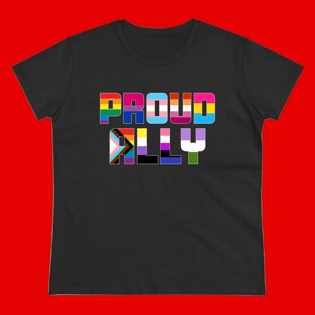 Colorful alphabet letters constructed from pride flags including rainbow, trans, and intersex designs on gray background