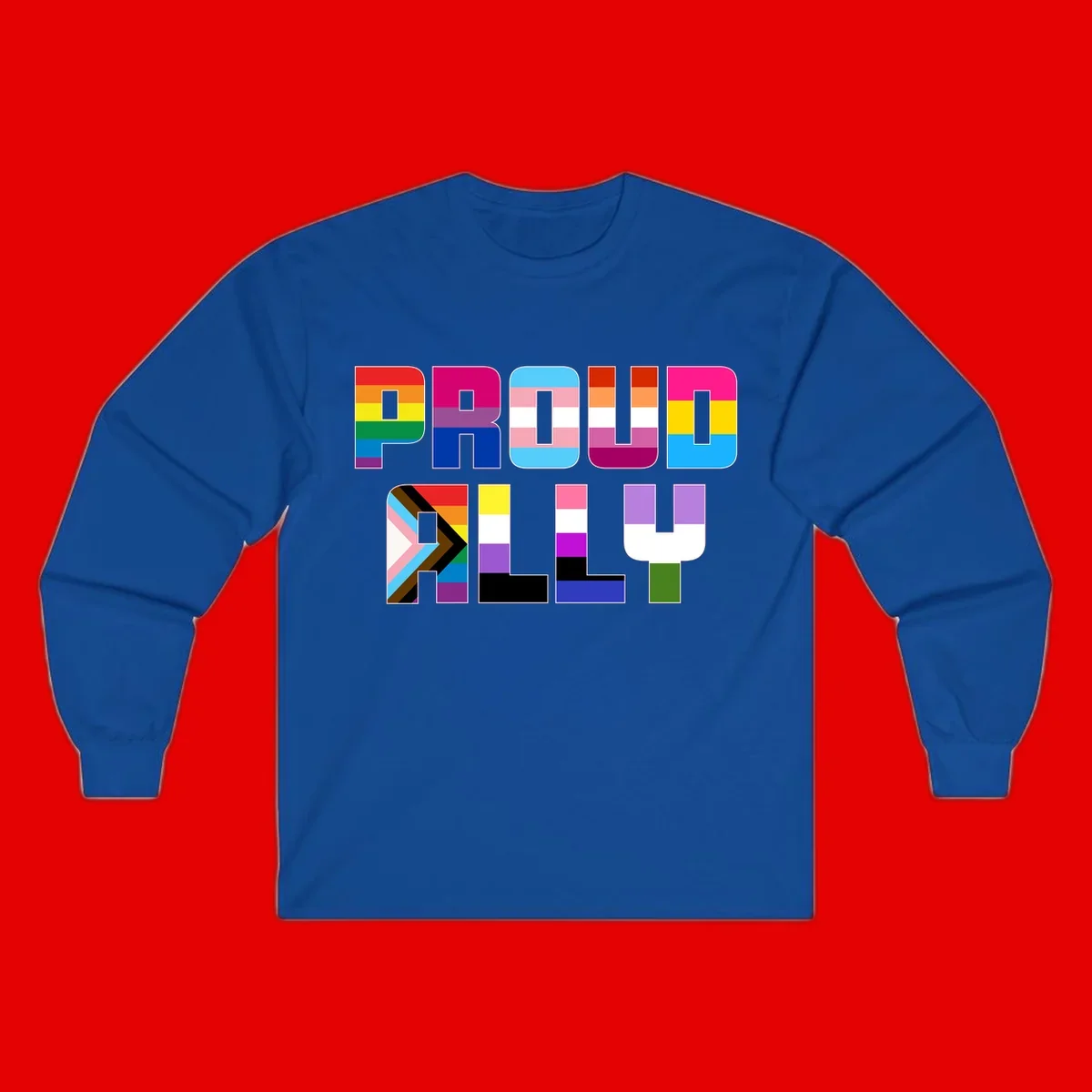 Colorful alphabet letters constructed from pride flags including rainbow, trans, and intersex designs on gray background