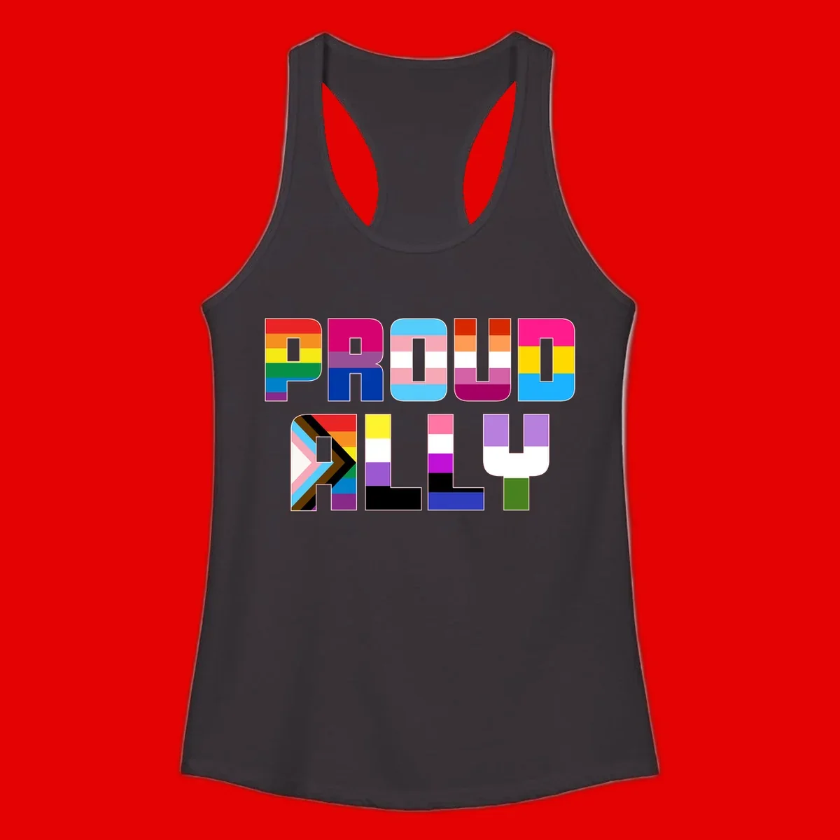 Colorful alphabet letters constructed from pride flags including rainbow, trans, and intersex designs on gray background