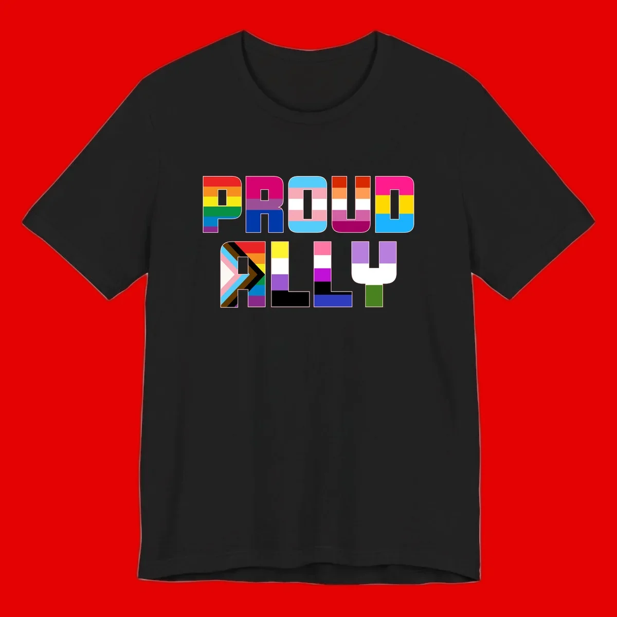 Colorful alphabet letters constructed from pride flags including rainbow, trans, and intersex designs on gray background