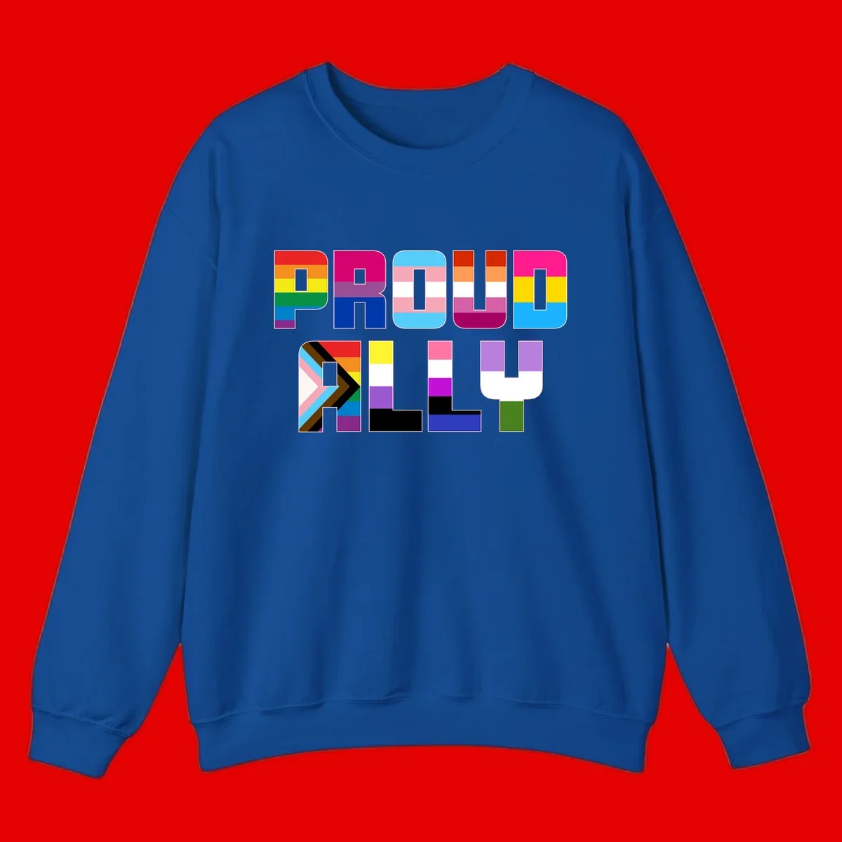 Colorful alphabet letters constructed from pride flags including rainbow, trans, and intersex designs on gray background