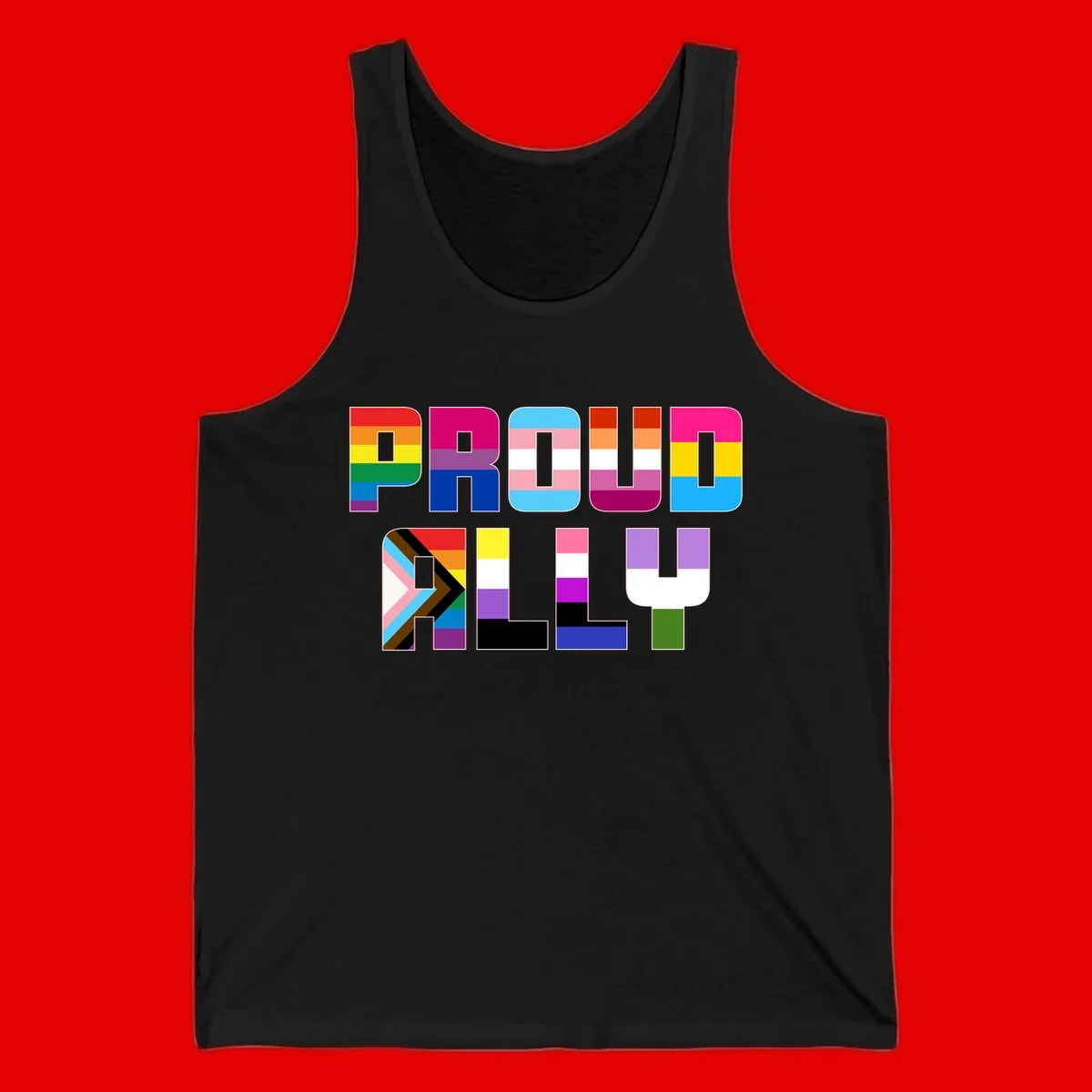 Colorful alphabet letters constructed from pride flags including rainbow, trans, and intersex designs on gray background
