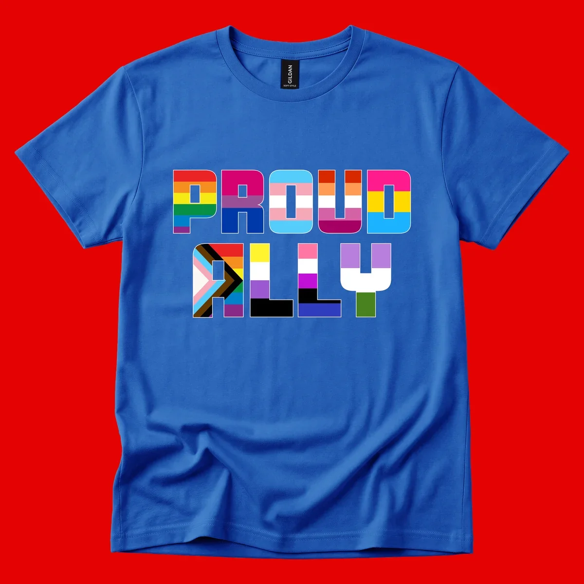 Colorful alphabet letters constructed from pride flags including rainbow, trans, and intersex designs on gray background