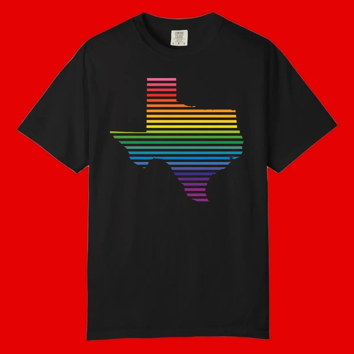 Rainbow pride spectrum design with cascading horizontal bars transitioning through all pride flag colors from pink to purple