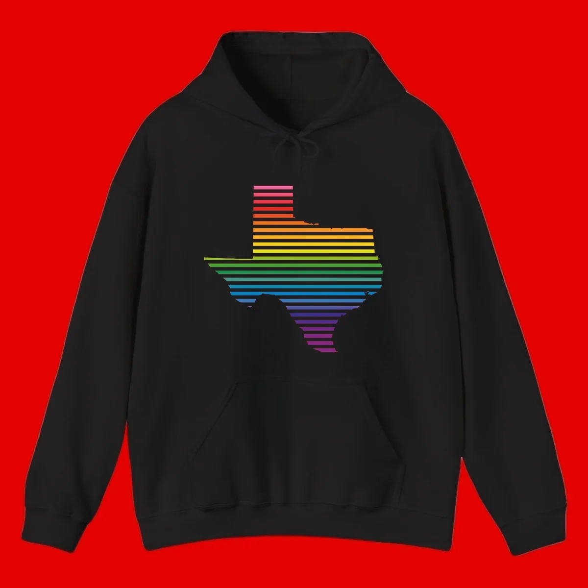 Rainbow pride spectrum design with cascading horizontal bars transitioning through all pride flag colors from pink to purple