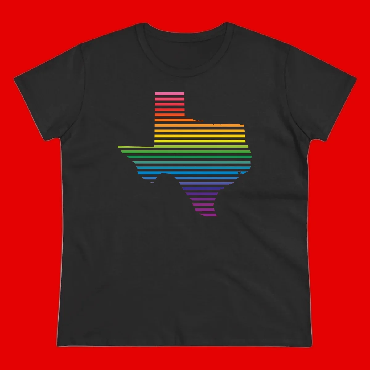 Rainbow pride spectrum design with cascading horizontal bars transitioning through all pride flag colors from pink to purple