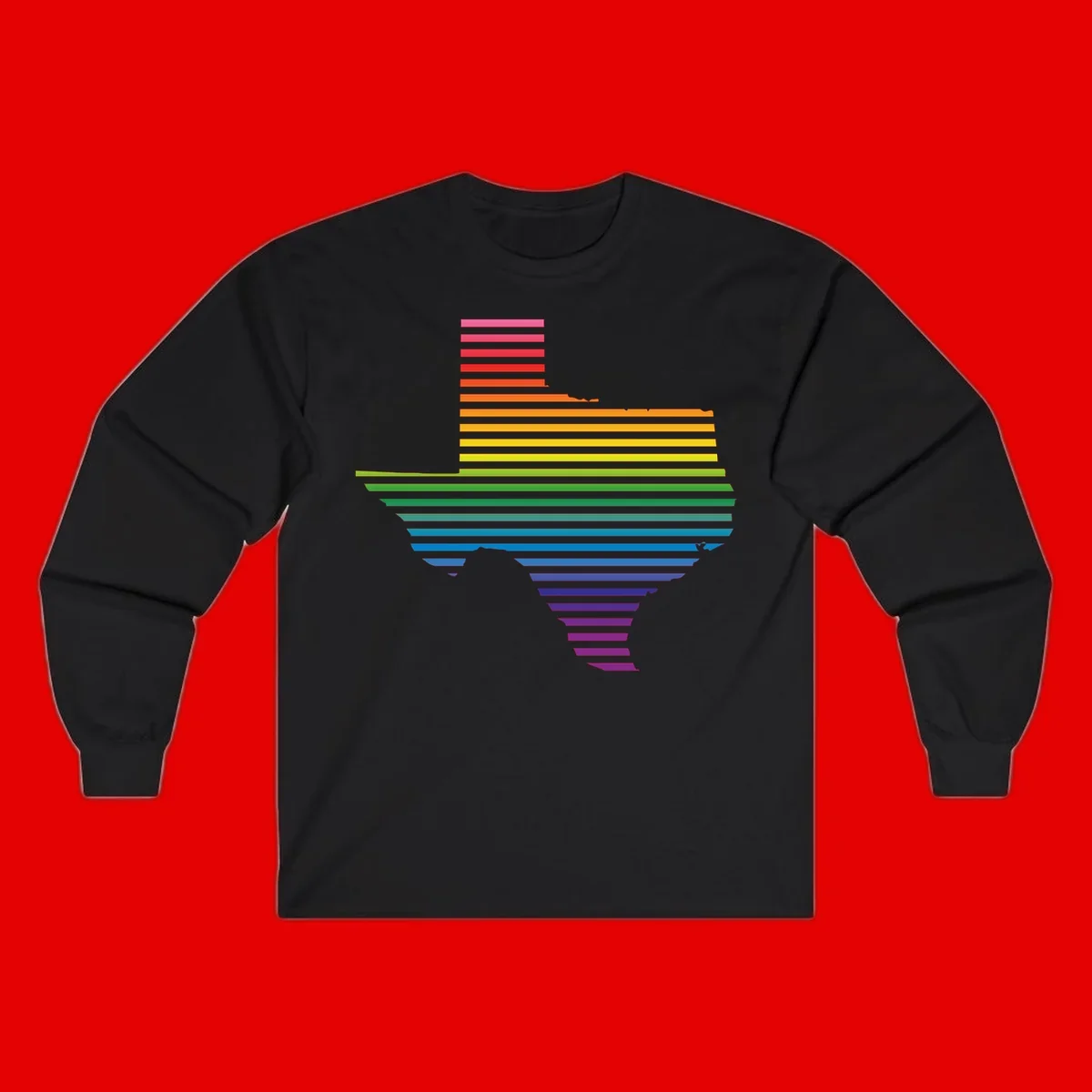 Rainbow pride spectrum design with cascading horizontal bars transitioning through all pride flag colors from pink to purple