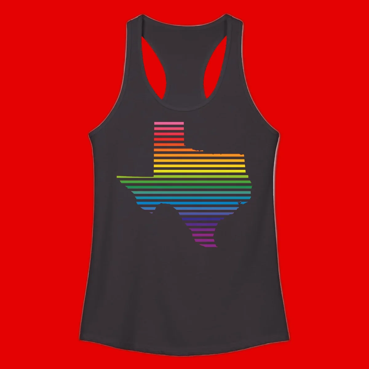 Rainbow pride spectrum design with cascading horizontal bars transitioning through all pride flag colors from pink to purple