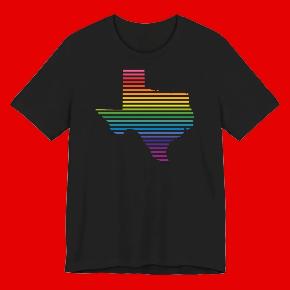 Rainbow pride spectrum design with cascading horizontal bars transitioning through all pride flag colors from pink to purple