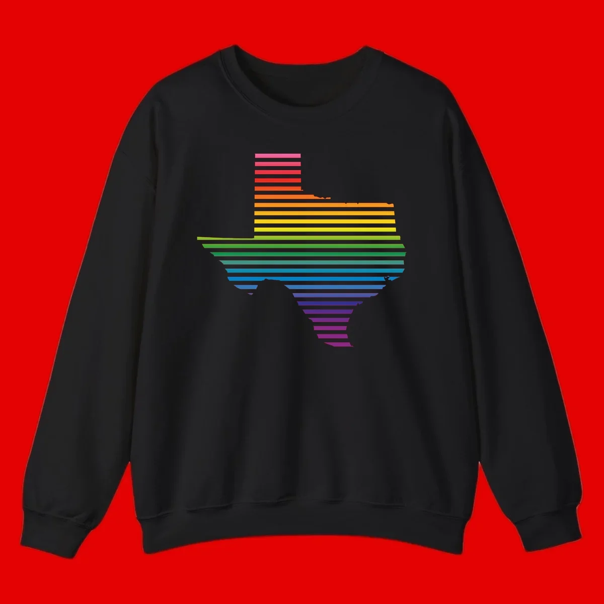 Rainbow pride spectrum design with cascading horizontal bars transitioning through all pride flag colors from pink to purple