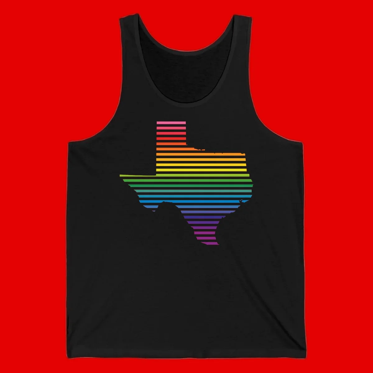 Rainbow pride spectrum design with cascading horizontal bars transitioning through all pride flag colors from pink to purple