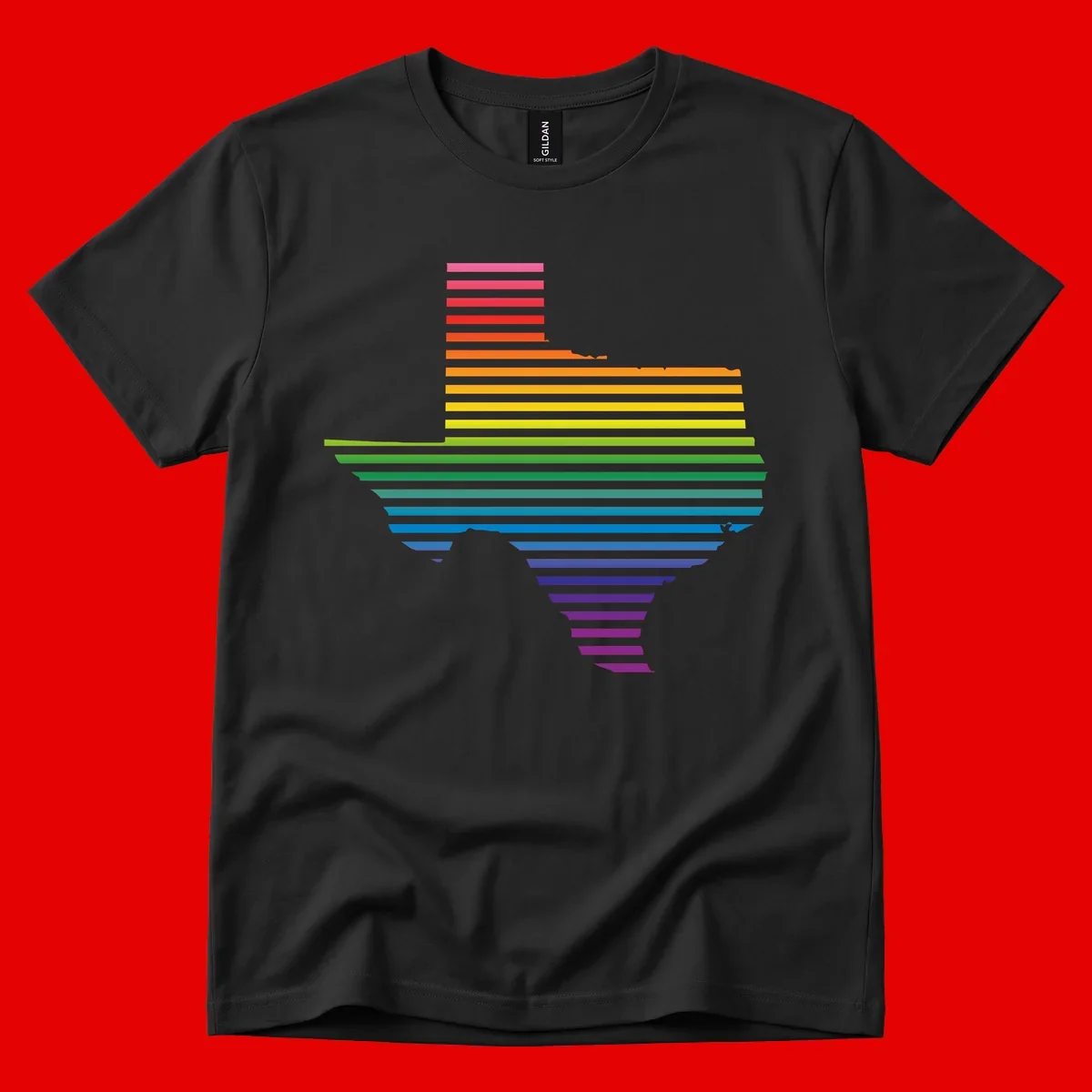 Rainbow pride spectrum design with cascading horizontal bars transitioning through all pride flag colors from pink to purple