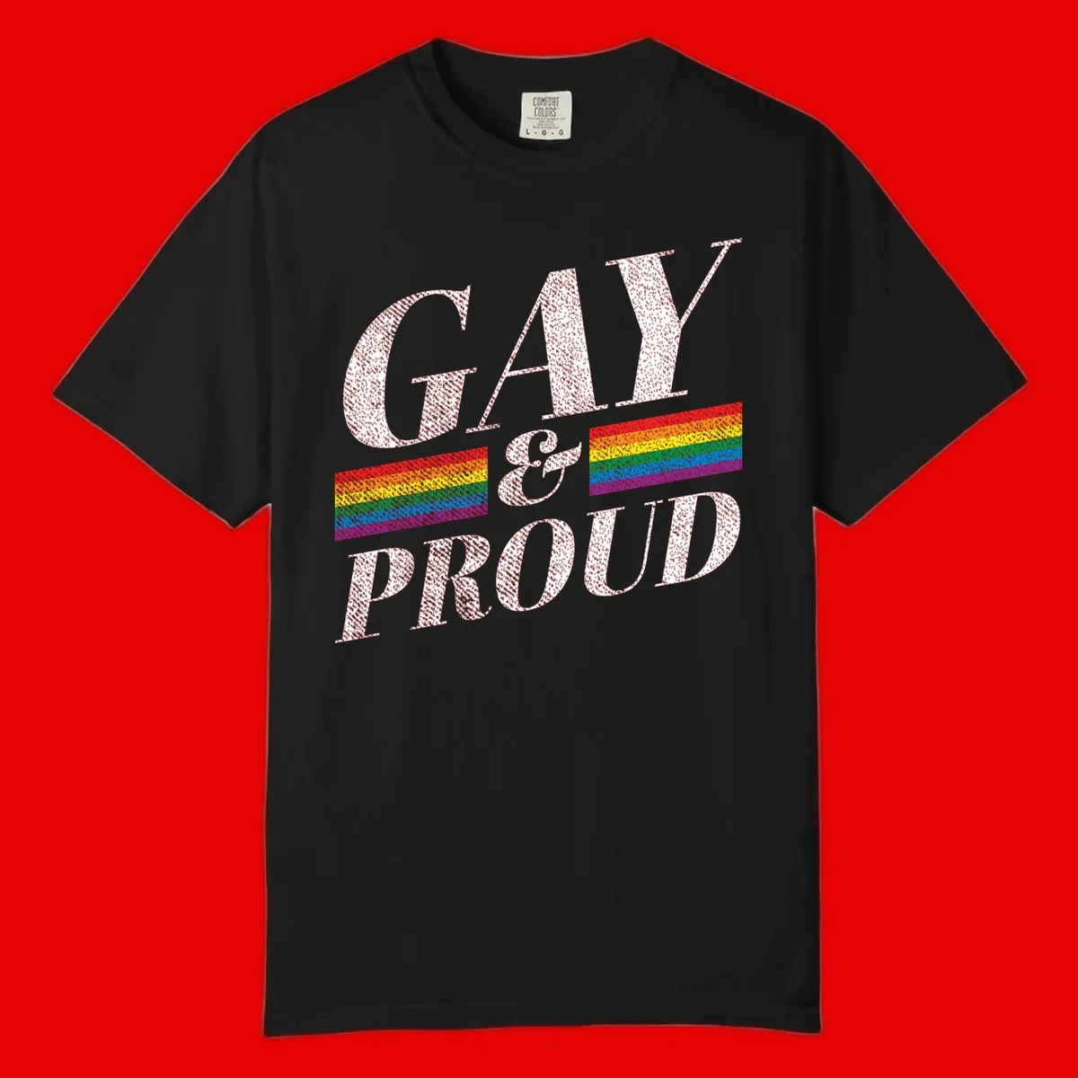 Gay and proud pride design with large white textured letters and rainbow flag stripes on gray background