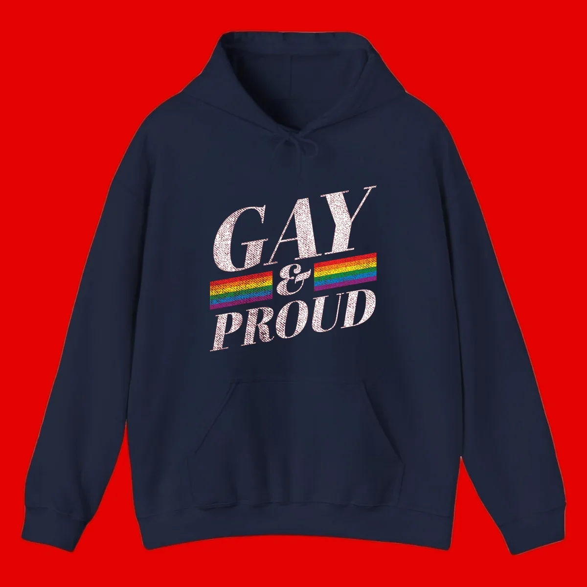 Gay and proud pride design with large white textured letters and rainbow flag stripes on gray background