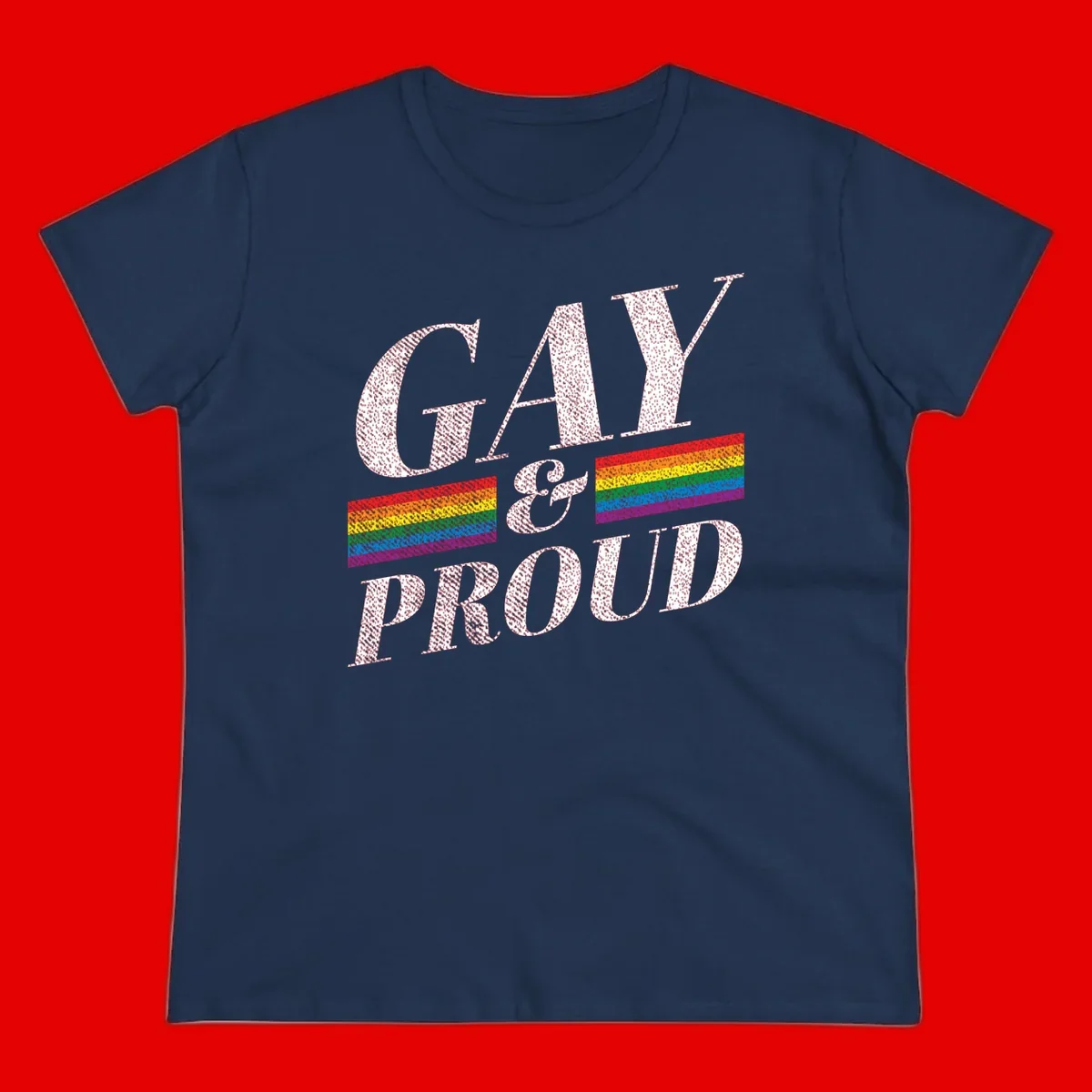 Gay and proud pride design with large white textured letters and rainbow flag stripes on gray background