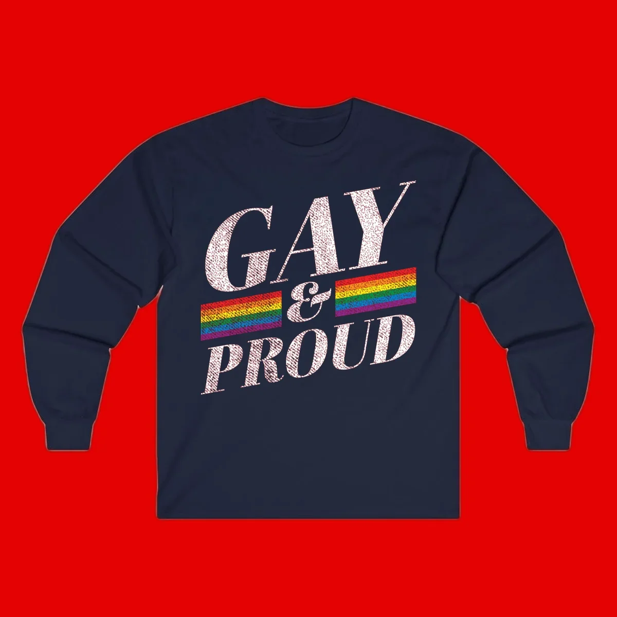 Gay and proud pride design with large white textured letters and rainbow flag stripes on gray background
