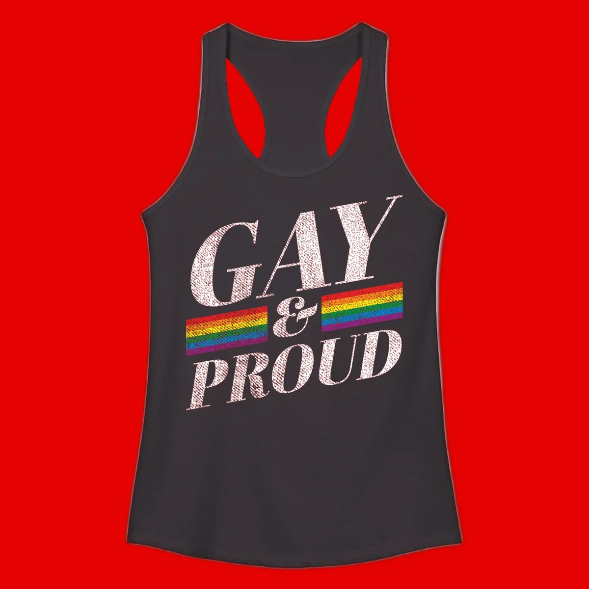 Gay and proud pride design with large white textured letters and rainbow flag stripes on gray background