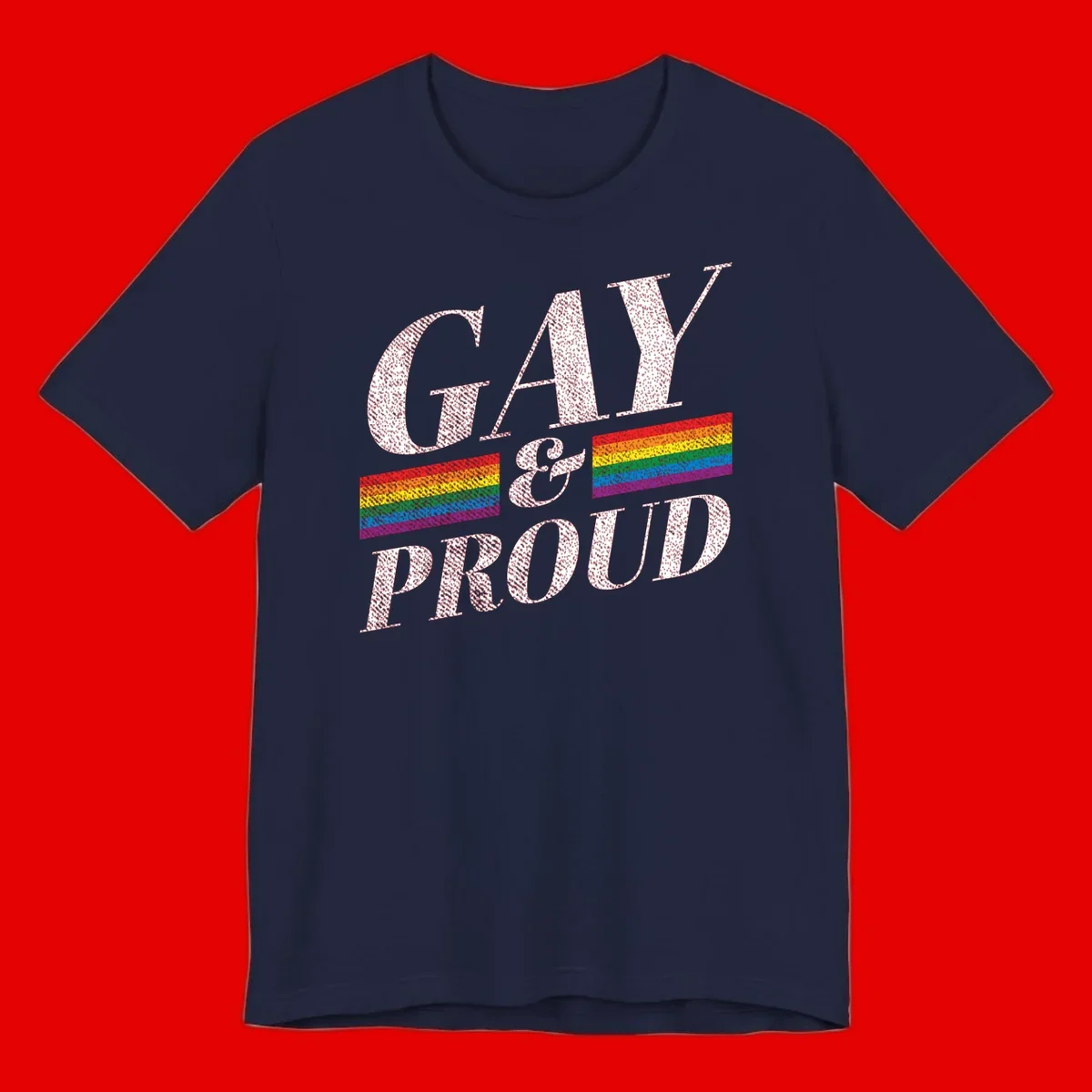 Gay and proud pride design with large white textured letters and rainbow flag stripes on gray background