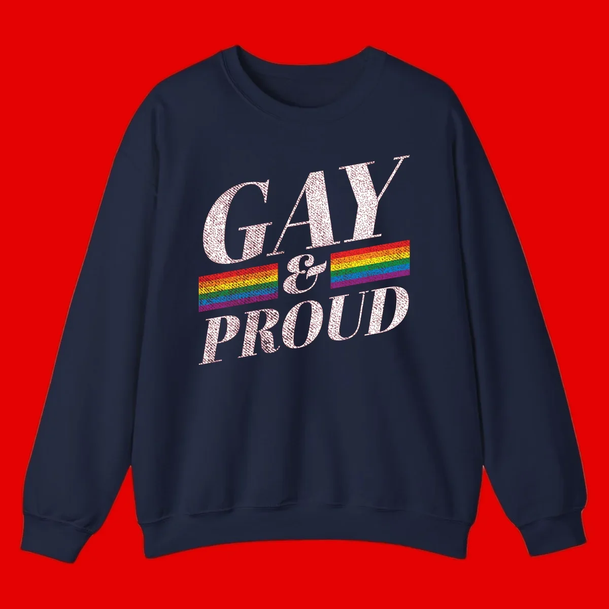 Gay and proud pride design with large white textured letters and rainbow flag stripes on gray background