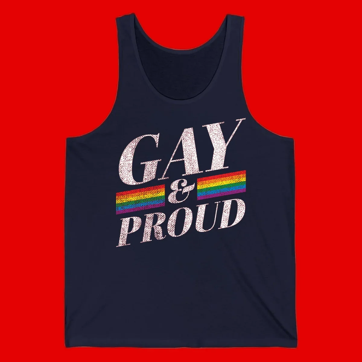 Gay and proud pride design with large white textured letters and rainbow flag stripes on gray background