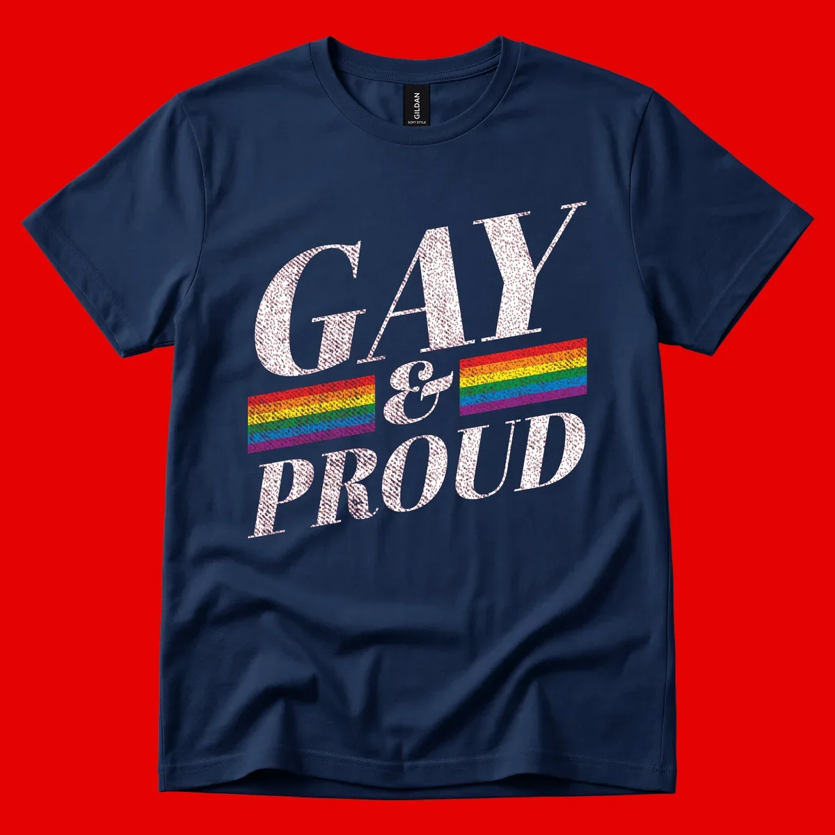 Gay and proud pride design with large white textured letters and rainbow flag stripes on gray background