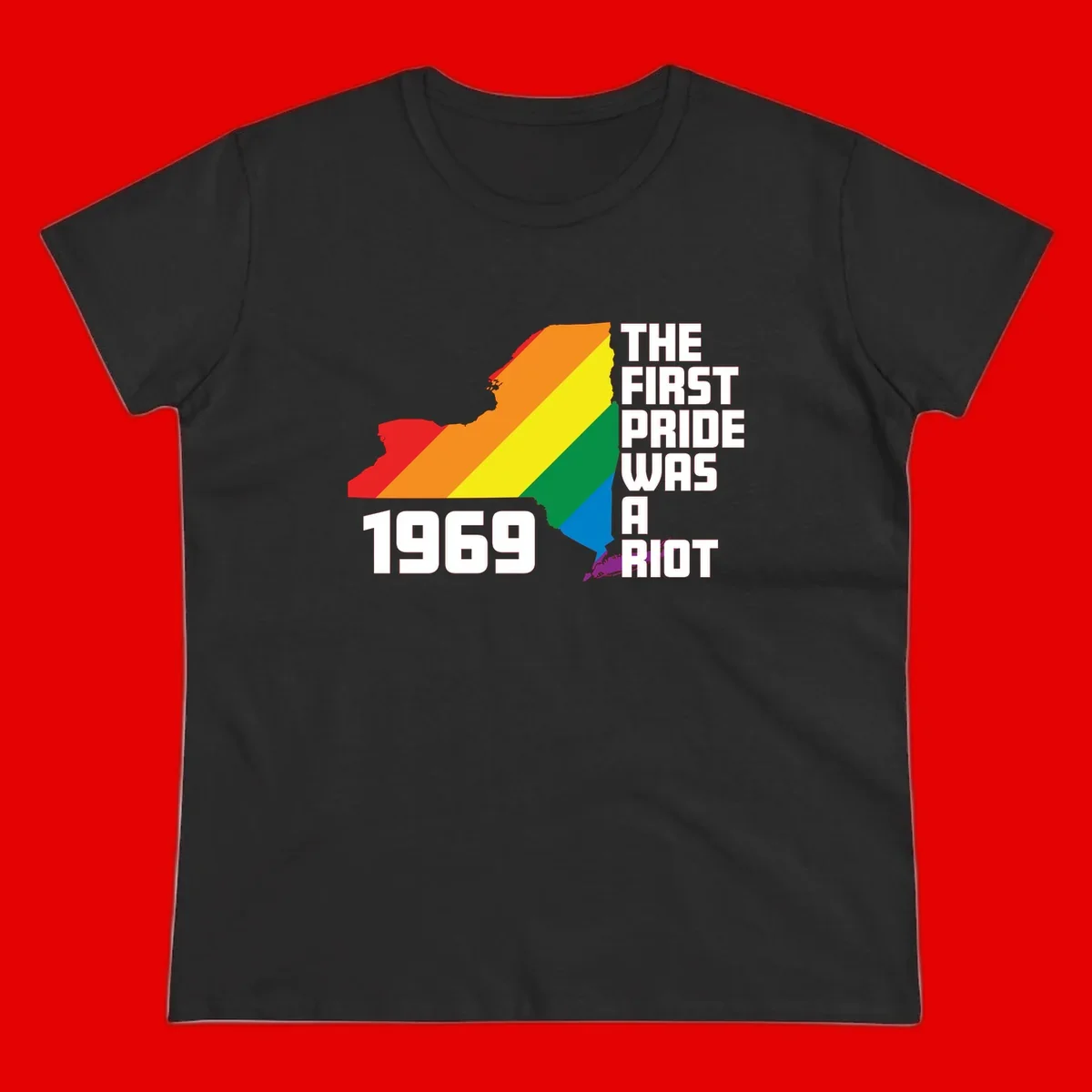 New York state map filled with rainbow pride stripes and text reading 'The First Pride Was A Riot 1969'