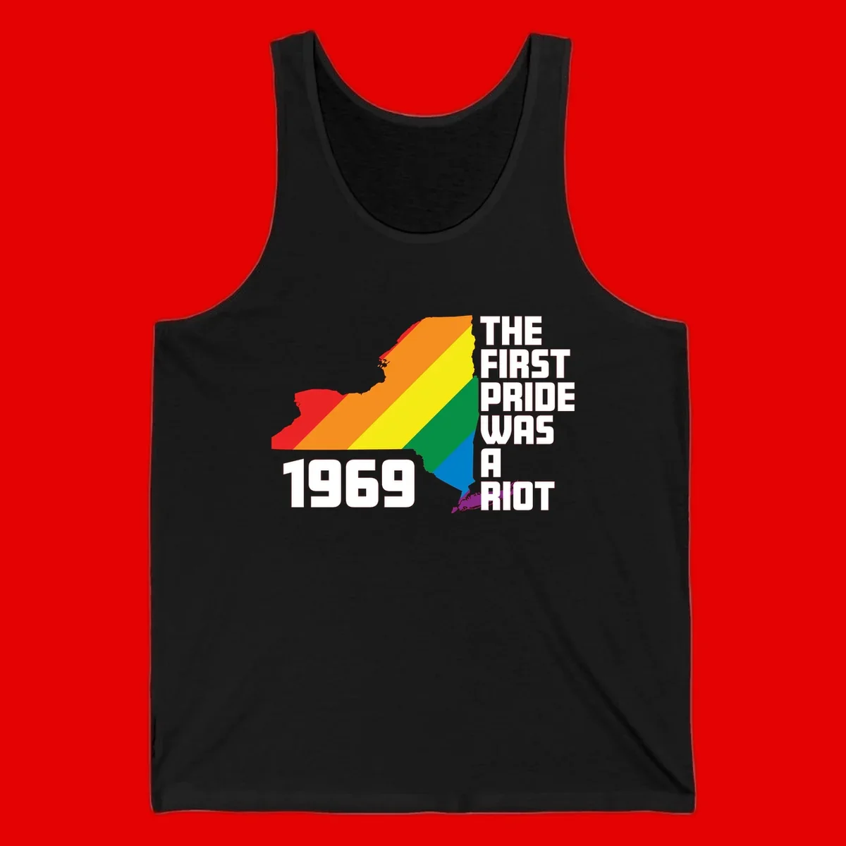 New York state map filled with rainbow pride stripes and text reading 'The First Pride Was A Riot 1969'