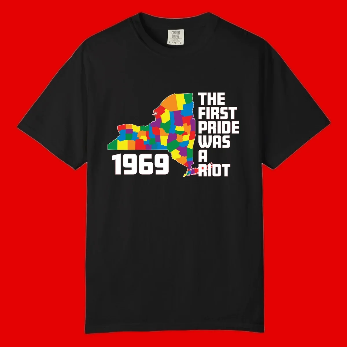 Colorful New York state map with rainbow-filled counties honoring the first pride riot of 1969