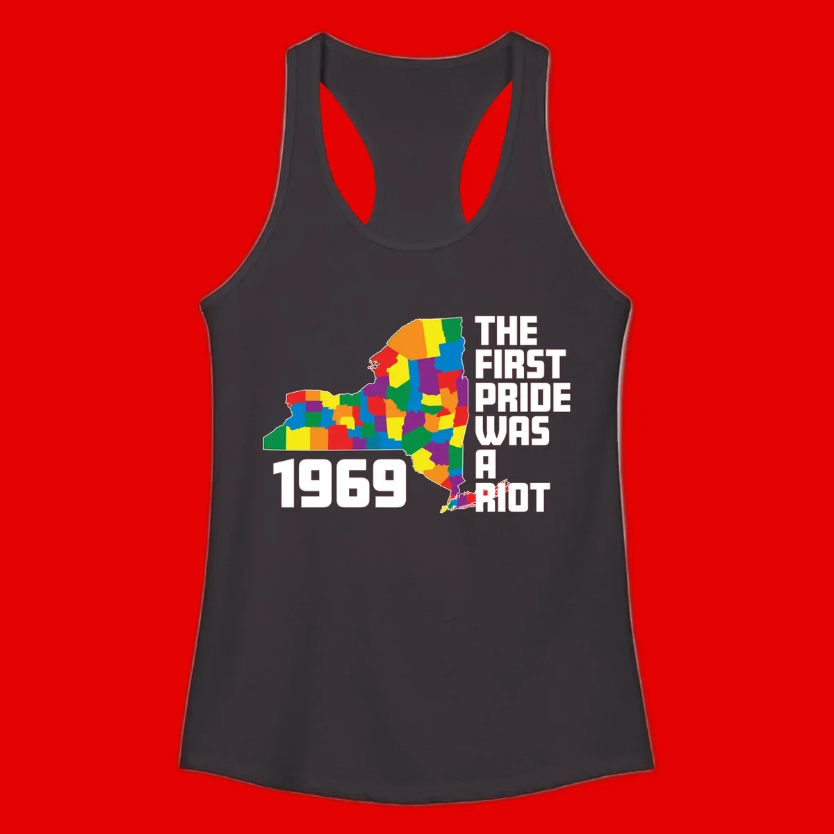 Colorful New York state map with rainbow-filled counties honoring the first pride riot of 1969