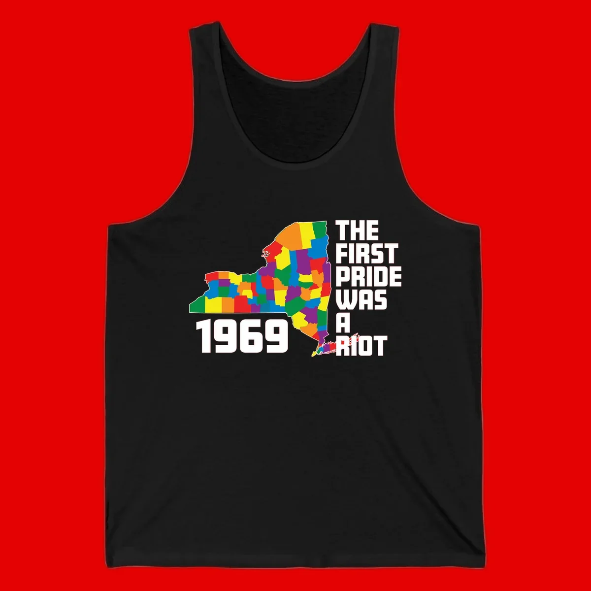 Colorful New York state map with rainbow-filled counties honoring the first pride riot of 1969