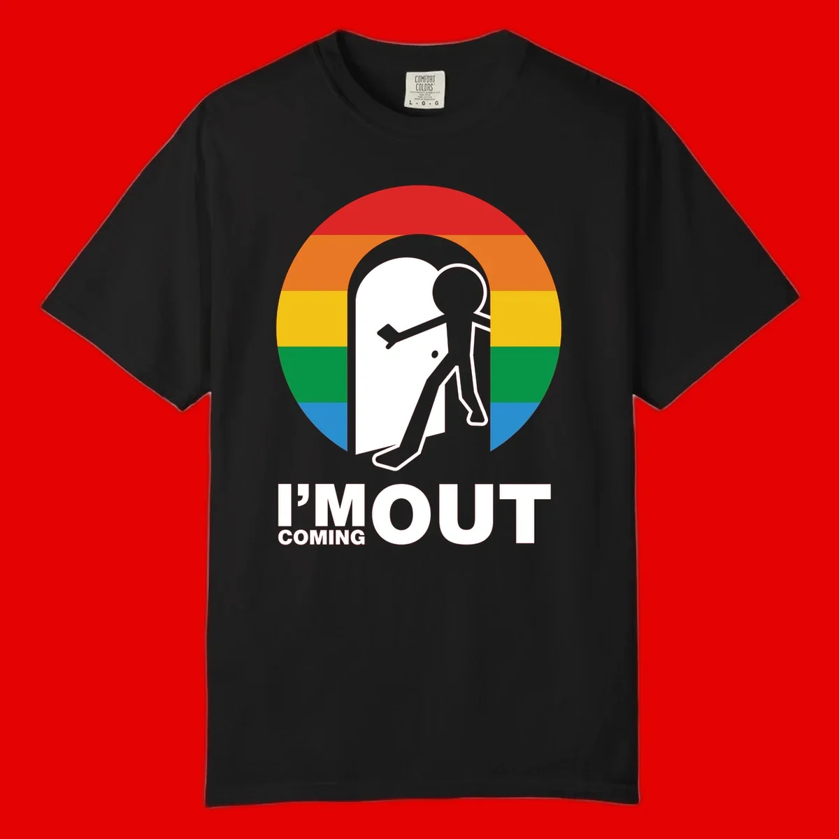 Stick figure pushing open white door with rainbow circle background and 'I'm Out Coming Out' text celebrating LGBTQ+ pride