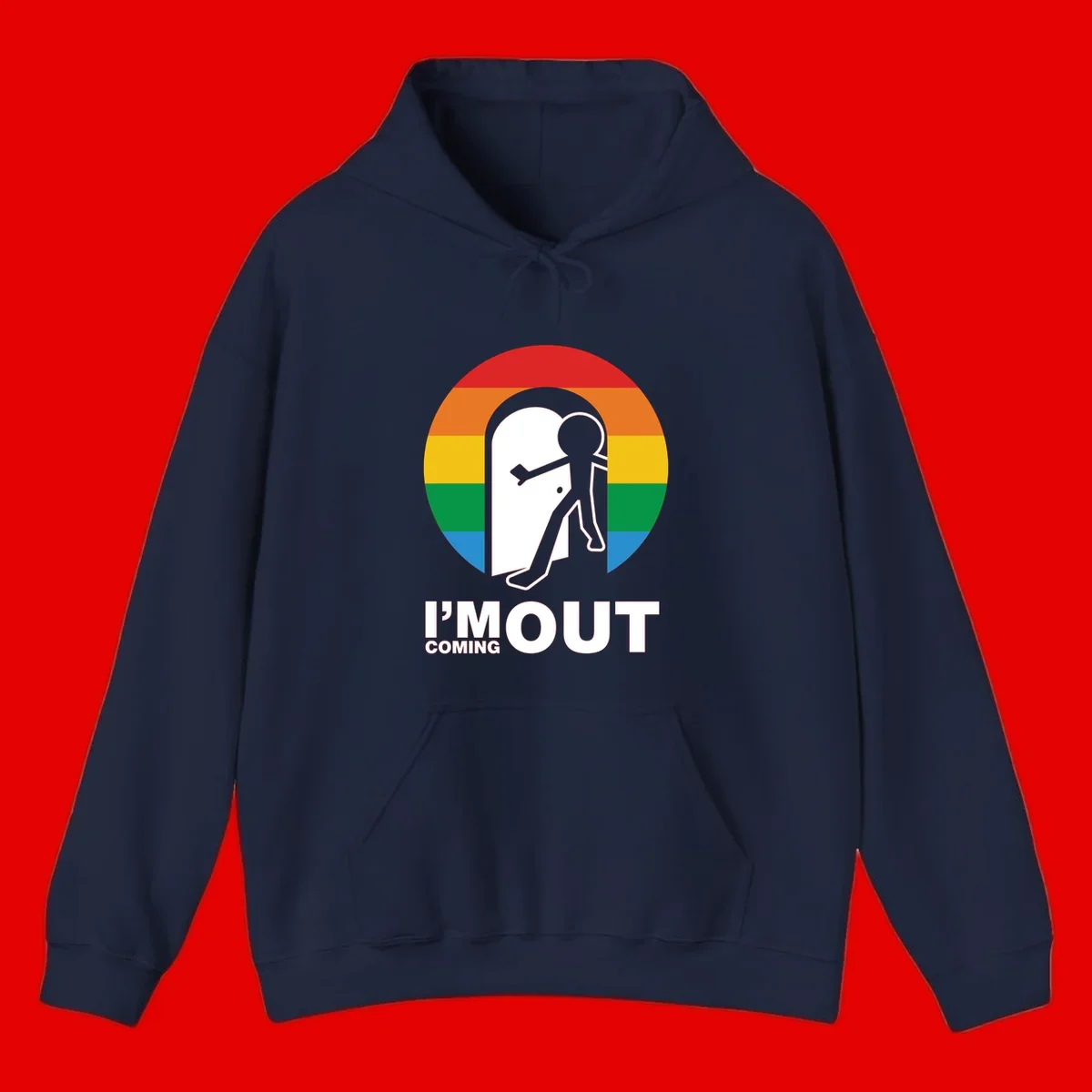 Stick figure pushing open white door with rainbow circle background and 'I'm Out Coming Out' text celebrating LGBTQ+ pride