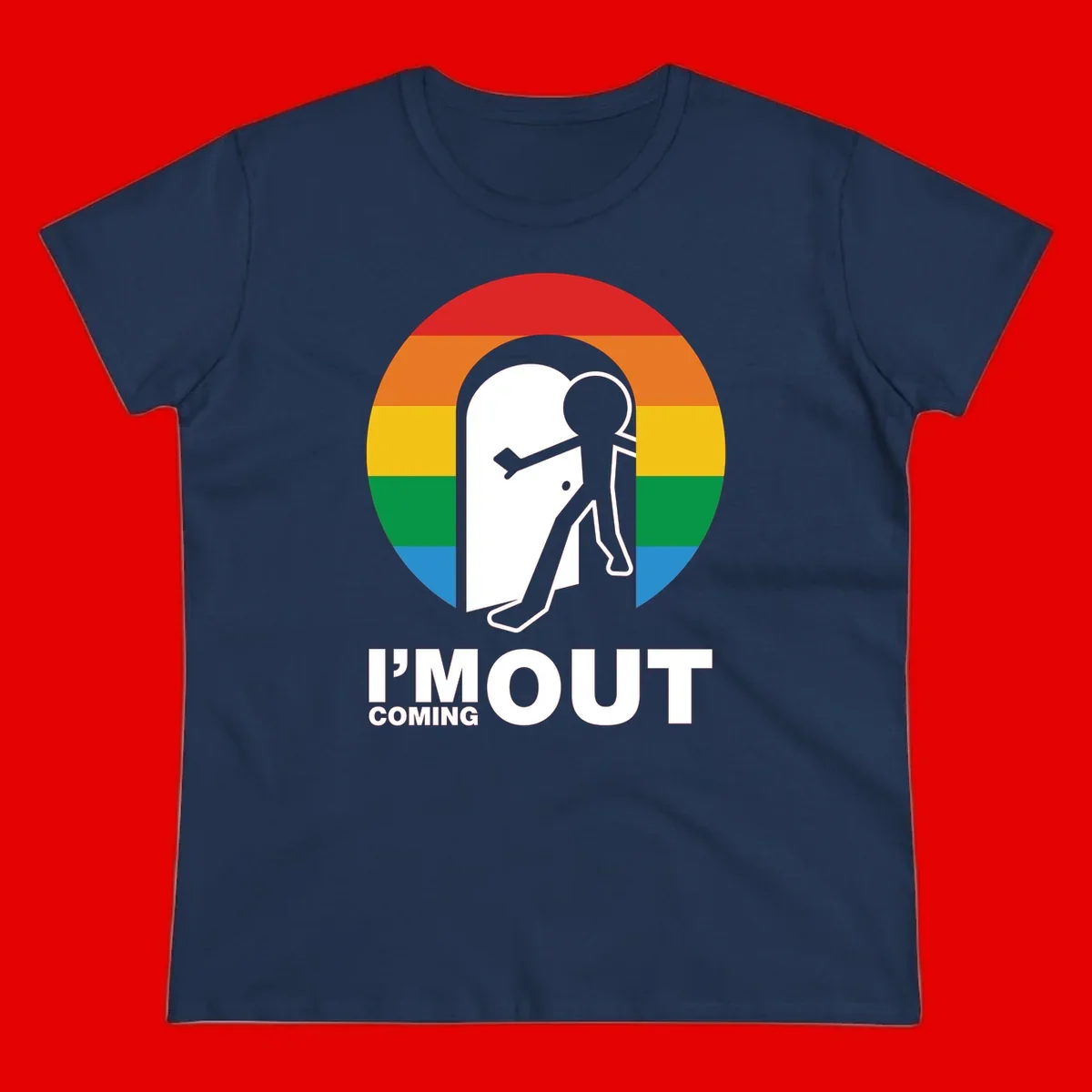 Stick figure pushing open white door with rainbow circle background and 'I'm Out Coming Out' text celebrating LGBTQ+ pride