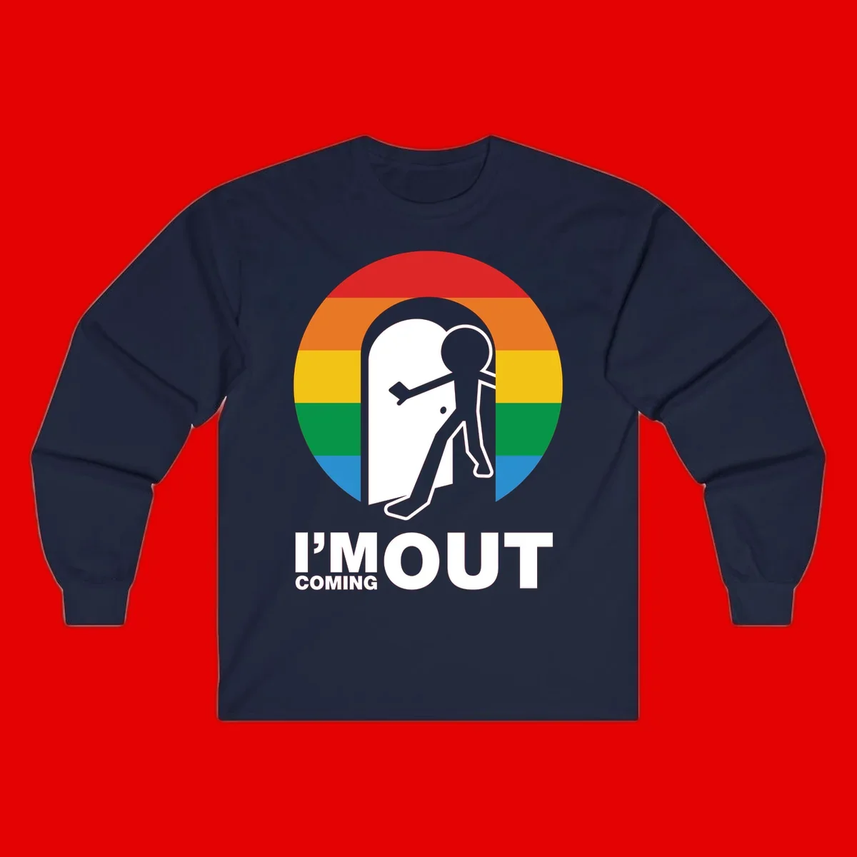 Stick figure pushing open white door with rainbow circle background and 'I'm Out Coming Out' text celebrating LGBTQ+ pride