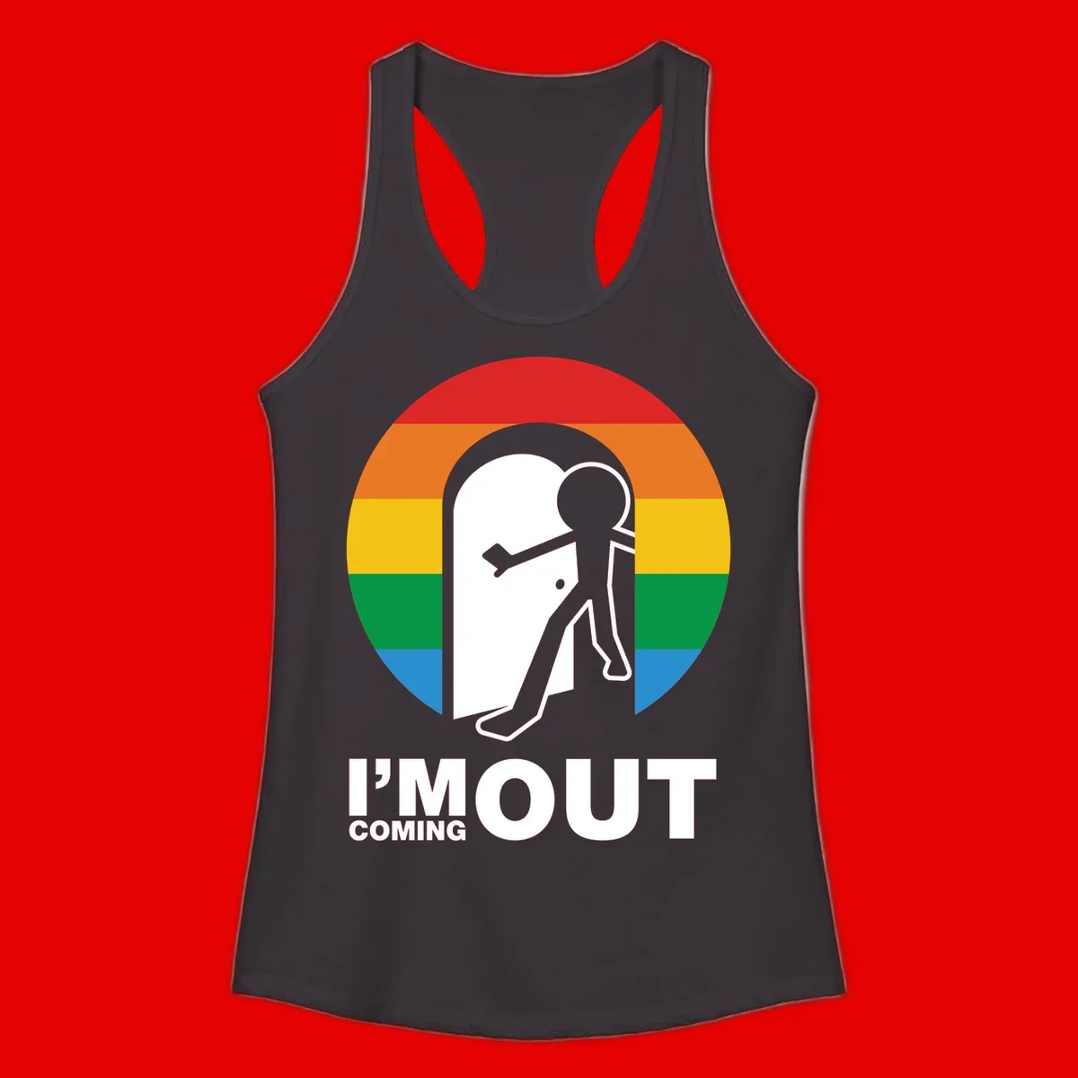 Stick figure pushing open white door with rainbow circle background and 'I'm Out Coming Out' text celebrating LGBTQ+ pride