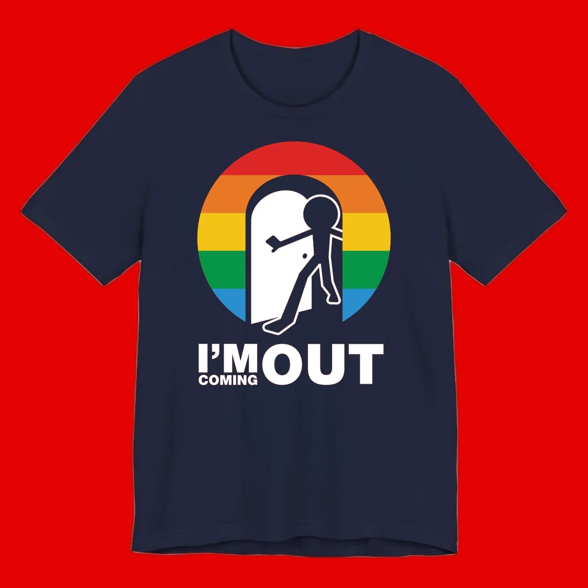 Stick figure pushing open white door with rainbow circle background and 'I'm Out Coming Out' text celebrating LGBTQ+ pride