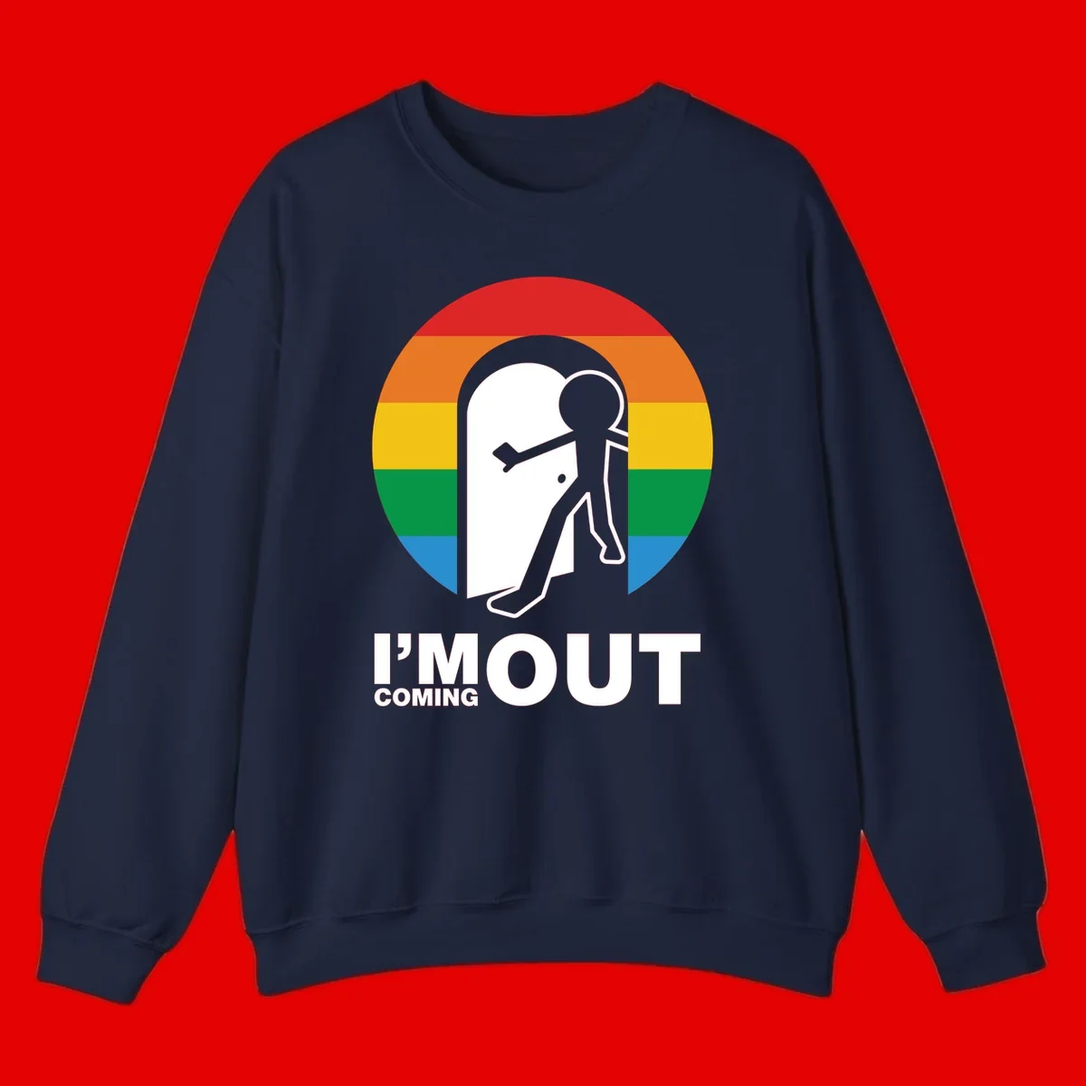 Stick figure pushing open white door with rainbow circle background and 'I'm Out Coming Out' text celebrating LGBTQ+ pride