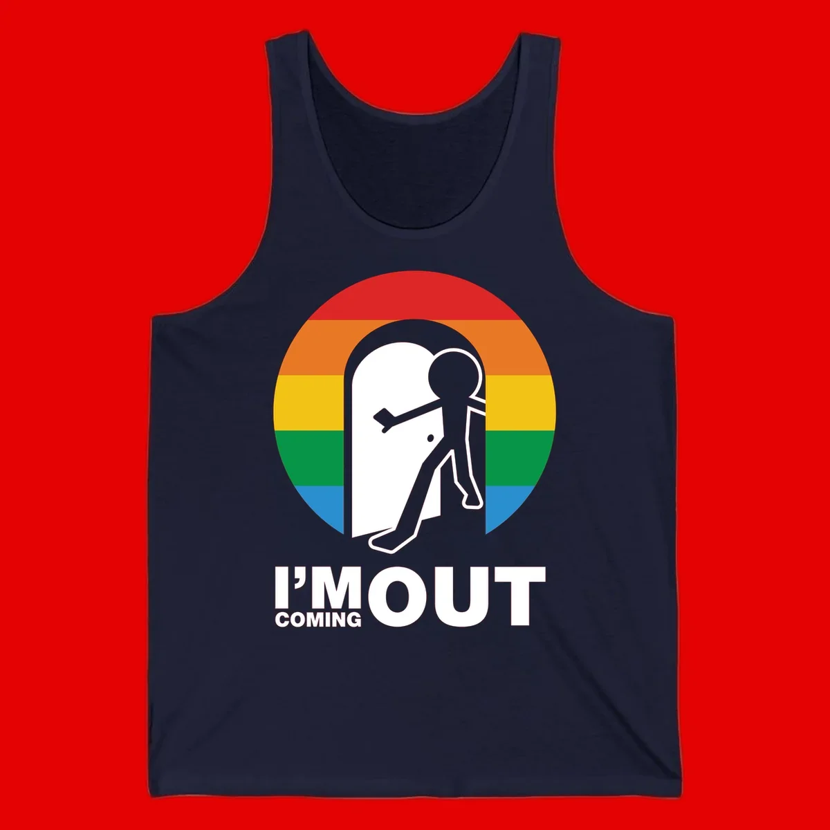 Stick figure pushing open white door with rainbow circle background and 'I'm Out Coming Out' text celebrating LGBTQ+ pride