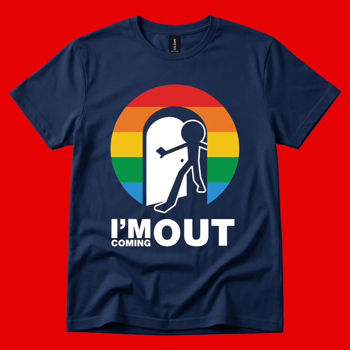 Stick figure pushing open white door with rainbow circle background and 'I'm Out Coming Out' text celebrating LGBTQ+ pride