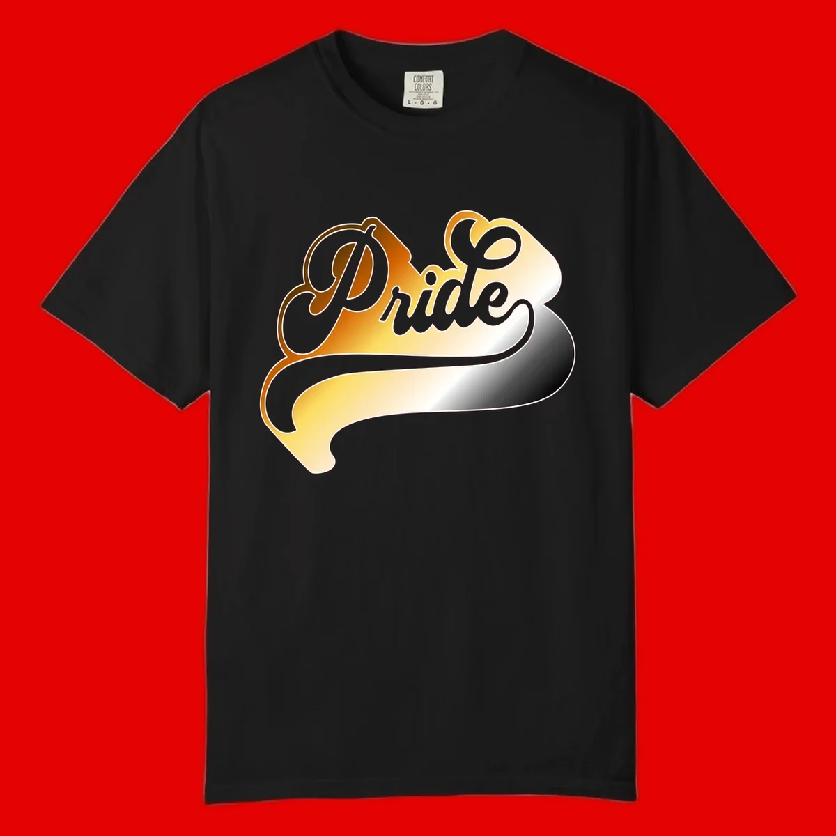 Pride script gradient design with elegant gray lettering on warm orange-to-cream flowing ribbon background
