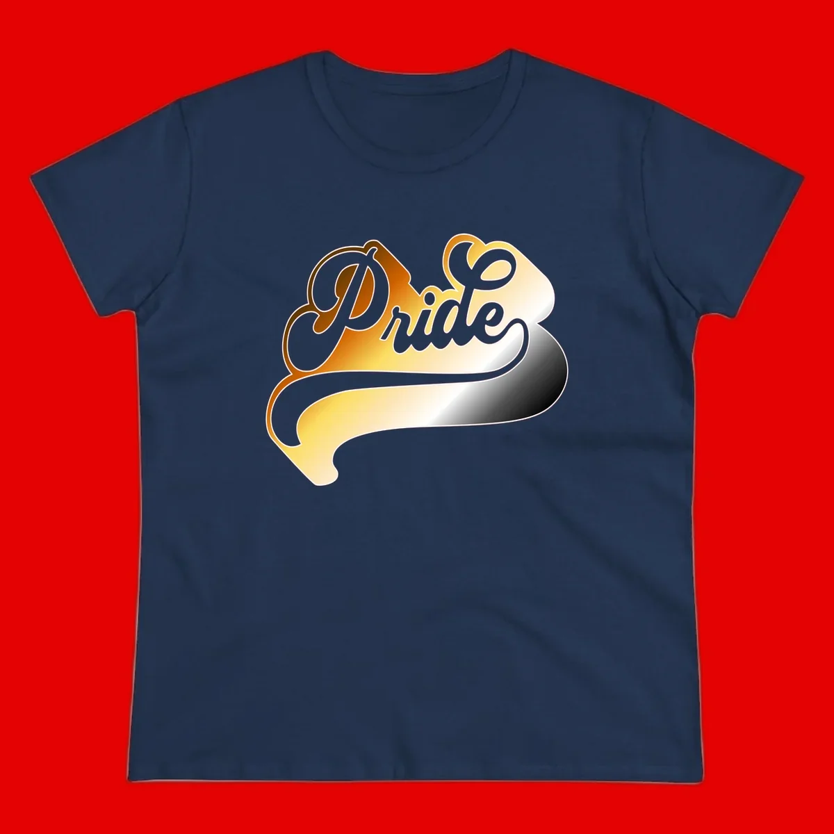 Pride script gradient design with elegant gray lettering on warm orange-to-cream flowing ribbon background