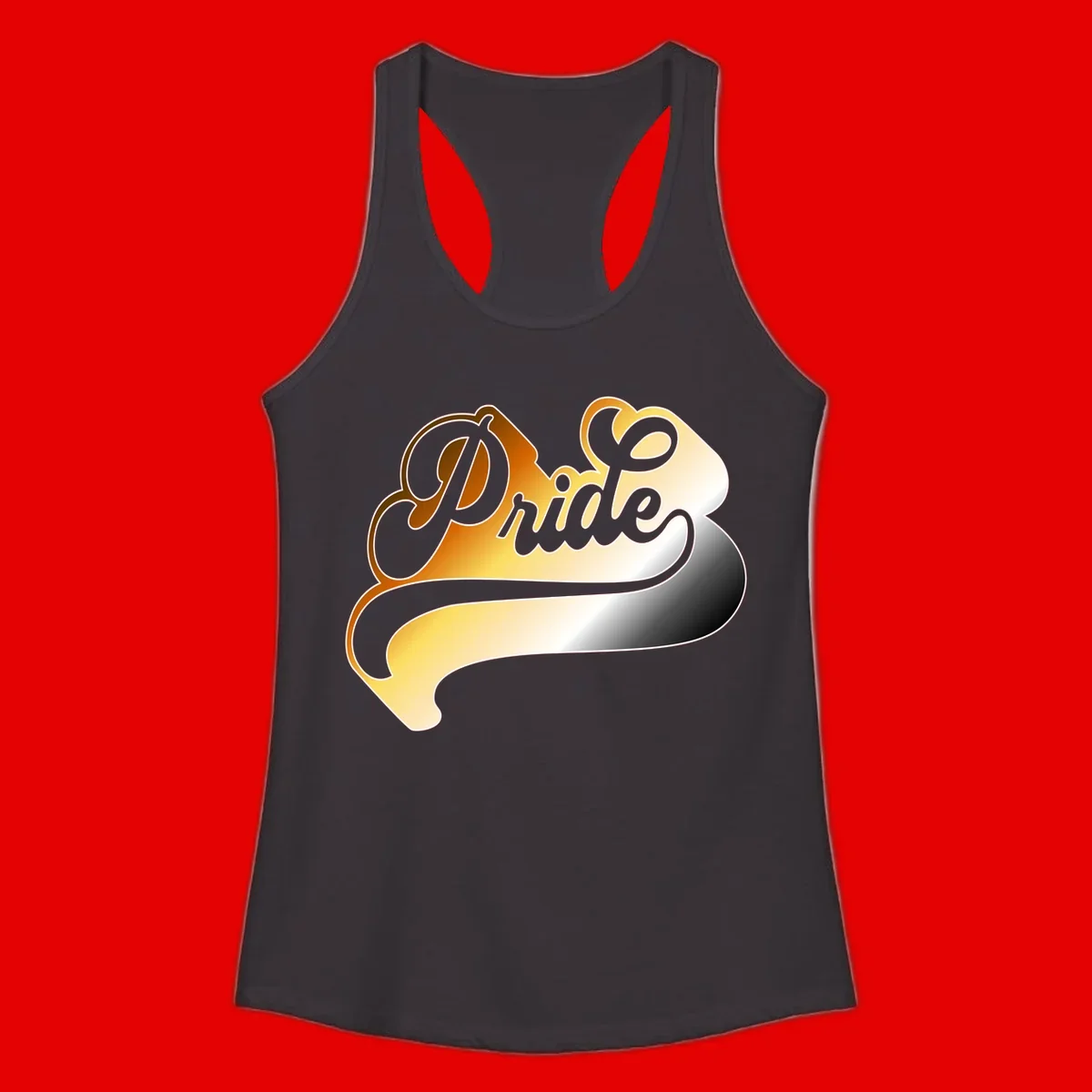 Pride script gradient design with elegant gray lettering on warm orange-to-cream flowing ribbon background