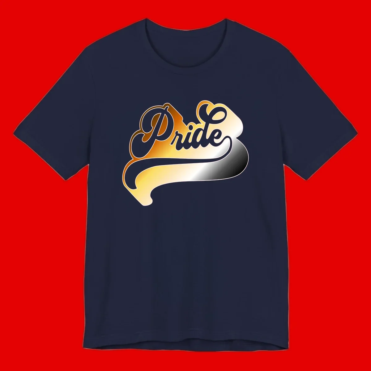 Pride script gradient design with elegant gray lettering on warm orange-to-cream flowing ribbon background