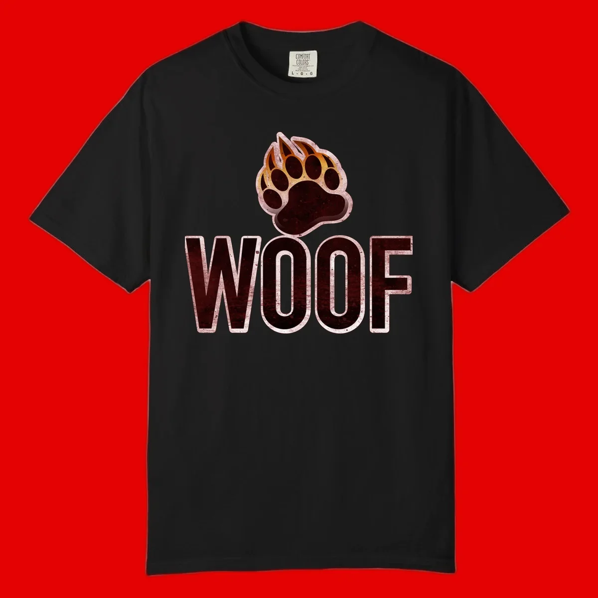 Woof paw print fire design: large paw with orange and gold flame claws above distressed 'WOOF' text